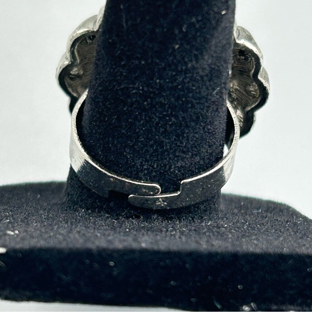 Blue Rhinestone Floral Cocktail Ring Adjustable Silver Tone - Picture 8 of 9